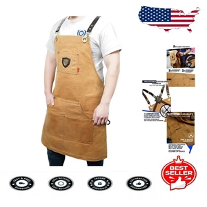 Adjustable Waxed Canvas Kitchen Apron with Genuine Leather Harness and Pockets - Picture 1 of 11