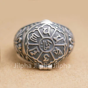 925 Sterling Silver Mantra Om Mani Padme Hum Pillbox Poison Ring A3123 - Picture 1 of 12