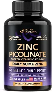 Zinc Picolinate 50Mg - Zinc Supplement with Copper, Vitamin D3 & B6 - Stomach Fr - Picture 1 of 6