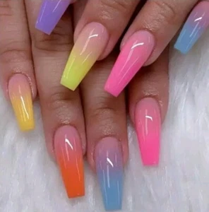 24 pcs Rainbow Gradient Coffin Long Press On Nails - Glossy Acrylic Ballerina Fa - Picture 1 of 6