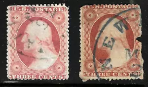 SC #26 x 2 Farbtöne 1 blau gestempelt 3 Cent Washington 1857-61 US 80F27 - Bild 1 von 3