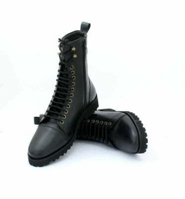 Botas de combate negras hechas a mano para hombre, botas al tobillo con cordones estilo punk negro para hombre Foto 1 de 4