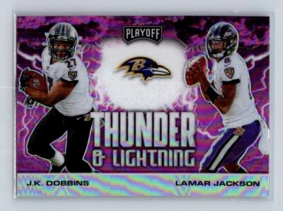 2020 Panini Playoff #TL-1 Thunder Lightning Pink Dobbins / Lamar Jackson Ravens - Image 1 of 2