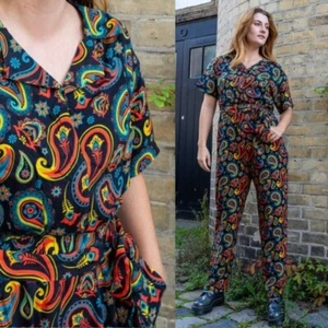 RUN AND FLY Black Paisley Jumpsuit 8-26 Retro Mod Groovy Sixties Print Overalls - Picture 1 of 7