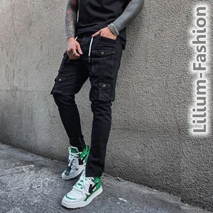 3993 Schwarze Herren Skinny Cargojeans Bikerjeans mit Reissverschluss am Saum  - Bild 1 von 4