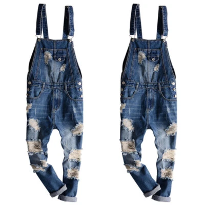 Moda Hombres Denim Pantalones de mezclilla desgastados Mono Babero Pantalón Monos Pantalón con tirantes Foto 1 de 4