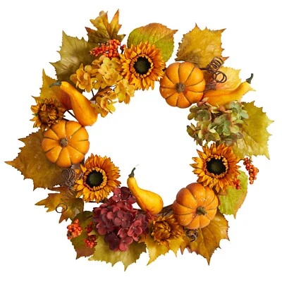 22” Autumn Hydrangea, Pumpkin And Sunflower Artificial Fall Wreath - Image 1 of 3