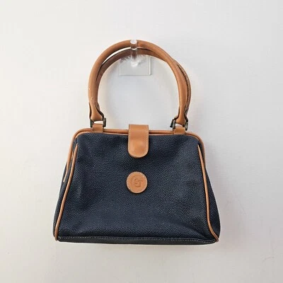 Bolsa médica vintage anos 80 feminina couro marrom marinho acabamento seixo PVC satchel FALHA - Imagem 1 de 4