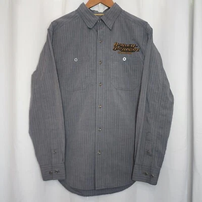 Harley Davidson Work Shirt Men's M Gray Pinstriped Embroidered Logo Pockets - Image 1 of 4
