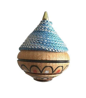 TROTTOLA VINTAGE IN LEGNO ARTIGIANALE DECORATA A MANO PUNTA METALLO FILO CM. 8x6 - Immagine 1 di 4