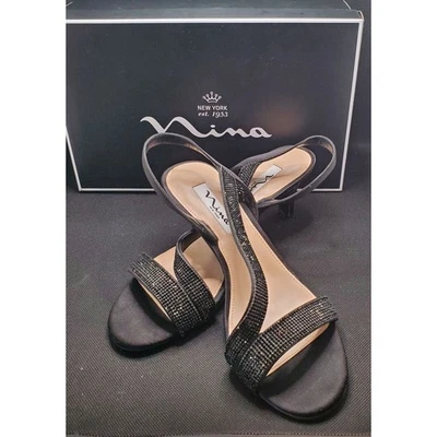 Nina Shoes Nieves Rhinestone Slingback Womens Black Luster Satin Dress Size 8 - Imagem 1 de 4