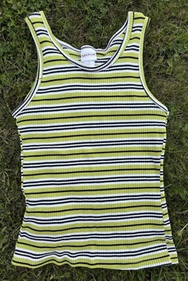 Bobbie Brooks Ribbed Stretch Tank Top Sz M Lime Green Black White Stripe Y2K USA - Image 1 of 4