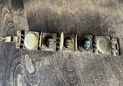 Hattie Carnegie Locket Bracelet Vintage Ephemera Photos Ornate Gold Plate As Is - Image 1 of 4