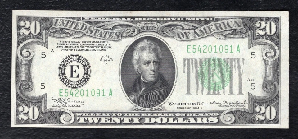 FR. 2055-E 1934-A $20 FRN FEDERAL RESERVE NOTE RICHMOND, VA CHOICE UNCIRCULATED - Image 1 of 2