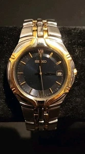Seiko 7N42-6C10 Men's SS Gold Tone Trim Quartz Watch Date Blue Dial/New Battery - Picture 1 of 19