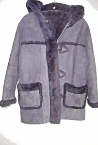 S006  Kräftige Lammfell gewachsen Lederjacke dunkelblaugrau Gr ca. XL Kapuze - Bild 1 von 4