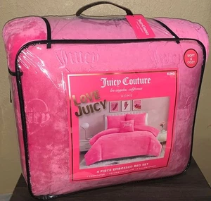 Juicy Couture Hot Pink Hearts &Logos Embossed Plush KING Comforter Set Soft&Cozy - Picture 1 of 5