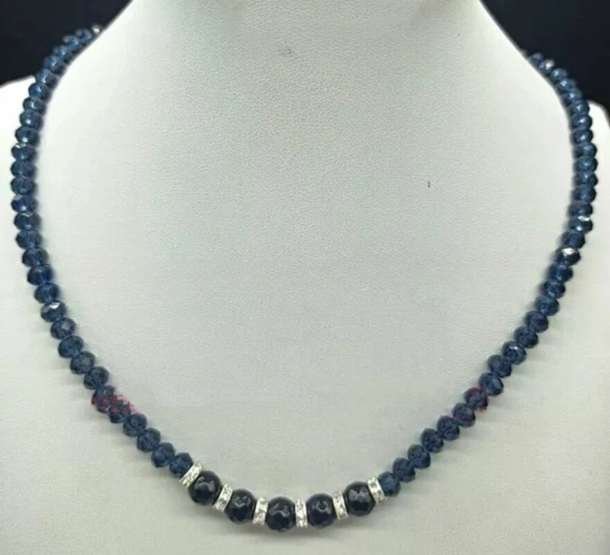 Moda 4x6mm Cristal Azul Oscuro y 8mm Facetado Negro Ágata Collar 18" Regalo Unisex Foto 1 de 2