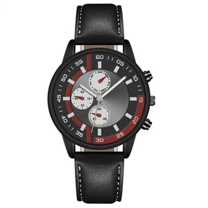 Orologio da polso al quarzo in lega di lusso quadrante rotondo con cinturino in pelle nera per uomo - Foto 1 di 5