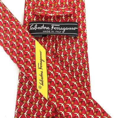 Corbata Salvatore Ferragamo Hombre 100% Seda Hecha en Italia Rojo Amarillo, Pájaros, Flores Foto 1 de 4