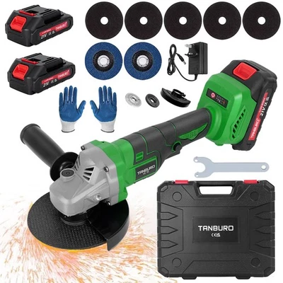TANBURO 21V 125mm Cordless Angle Grinder Brushless with 2Battery & Charger & Disc Kit UK