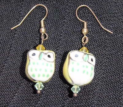 Owl Earrings Dangling Yellow Ceramic Beaded Hook Boho Hippie Retro 1970's Vibe - Image 1 of 4
