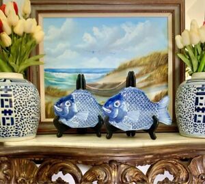 Tray Plate Blue White Oriental Style Fish Shape Decor Tropical Costal Nauticle