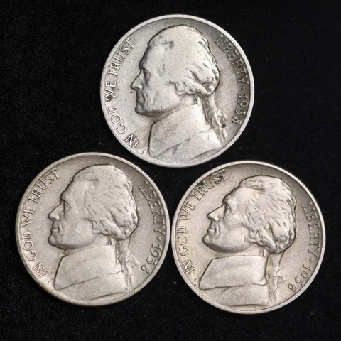 1938 P D S Jefferson Nickel Set (3 Coin Lot) Nice GOOD / VG FREE SHIPPING Cover