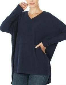 Zenana Waffle Knit Pullover Top V Neck Long Sleeve Light Weigh Soft Navy S M - Picture 1 of 4