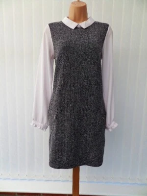 RED HERRING IVORY CHIFFON MONO TWEED 60'S PENCIL SHIFT MINI DRESS 14 TWICE - Image 1 of 4