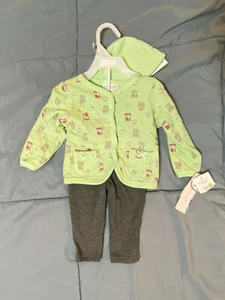 WEEPLAY 6-9 M 3-teiliges Set Mädchen Eulen Vögel Hose Mütze Oberteil grün/grau NEU! - Bild 1 von 5