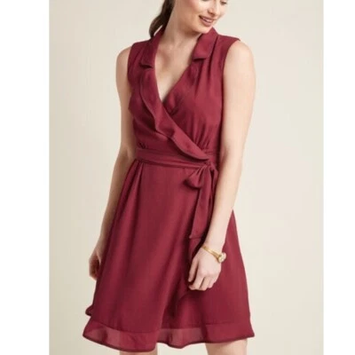 Modcloth striped sleeveless daytime dapper burgundy ruffle wrap dress size M - Image 1 of 4