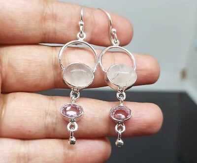 Women's Earring Rose Quartz Gemstone 925 Sterling Silver Handmade Jewelry-2" - Image 1 of 2