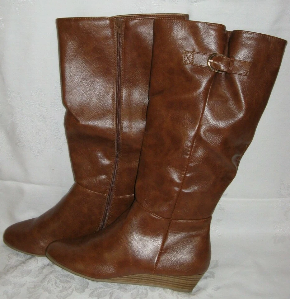 Womens SO Shibainu Knee High Boots Size 9.5 9 1/2 Cognac Riding Wedge