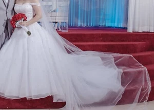 David’s Bridal Wedding Dress Size 2 Petite Of The Shoulder Gown All INCLUDED! - Picture 1 of 7