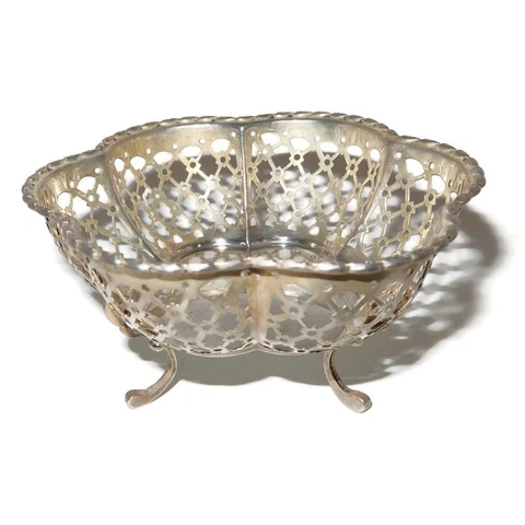 Birmingham, Sterling Silver, 1910 Pierced Nut Candy Footed Bowl Dish, 4 1/8" Cover