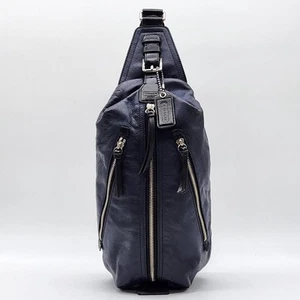 COACH Body Bag Shoulder Bag Navy Blue Leather Thompson Men From Japan Used - Picture 1 of 13