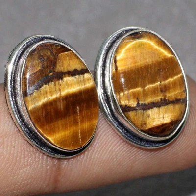 Pendientes de joyería ojo de tigre enchapados en plata 925 tamaño 0,5" GW Foto 1 de 3