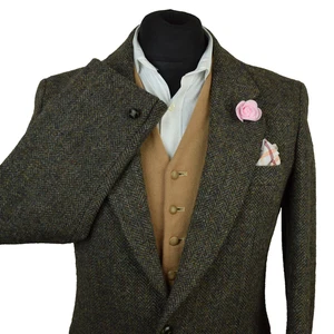 Harris Tweed Tailored Green Brown Herringbone Blazer Jacket 40R #31 PRISTINE - Picture 1 of 6