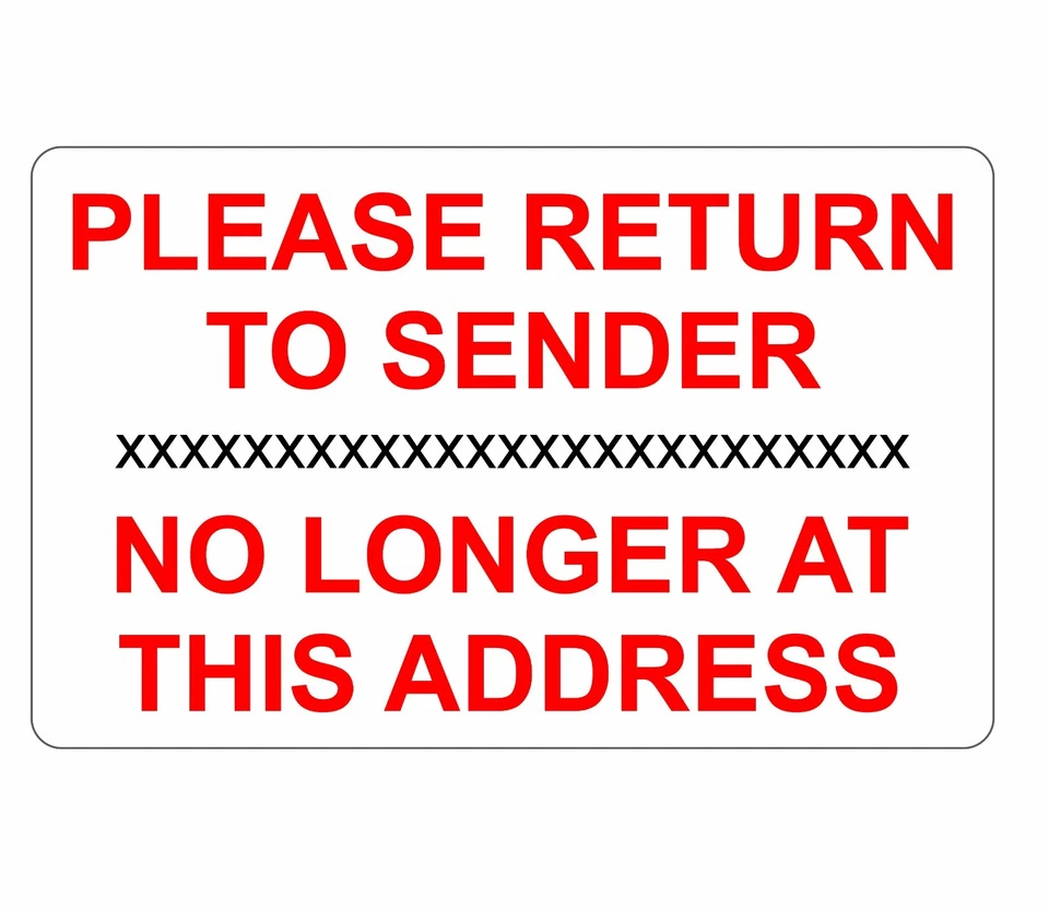 Return To Sender No Longer At this Address Label, Red Text 63mm x 30mm