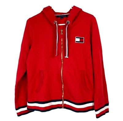 Tommy Hilfiger Red Polka Dot Logo Full Zip Gold Hoodie Jacket Womens Med - Image 1 of 4