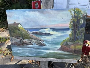 Vintage Coastal Seascape Oil On Canvas Painting Helen Hare Brooks Braintree - Picture 1 of 11