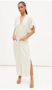 ZARA ECRU LINEN BLEND STRIPED LONG KAFTAN TUNIC DRESS WITH POCKETS SIZE L NWOT - Picture 1 of 13