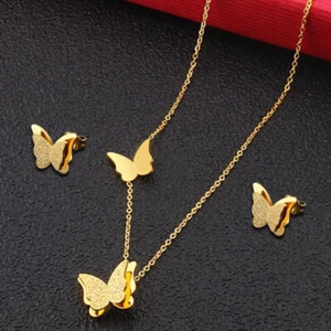 STAINLESS STEEL JEWELLERY SET GOLD CHAIN BUTTERFLY STUD NECKLACE EARRINGS - Picture 1 of 5
