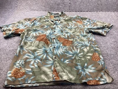 Van Heusen Shirt Mens Large Green Silk Floral Button Up Short Sleeve - Image 1 of 4