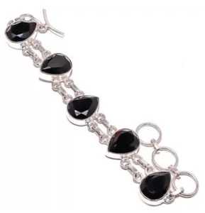 NATÜRLICHE TROPFEN SCHWARZER ONYX 925 STERLINGSILBER KETTE ARMBAND 7,5" HANDARBEIT - Bild 1 von 3