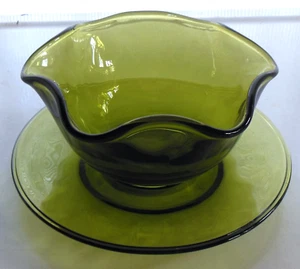 Indiana Glass Olive Green 2 piece Mayonnaise Condiment Sauce Bowl & Saucer Set - Picture 1 of 11