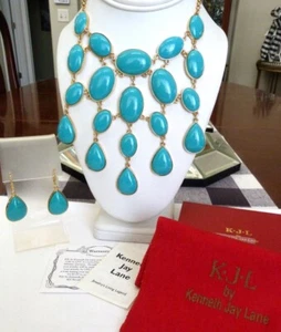NEW HUGE KJL FAUX TURQUOISE WATERFALL BIB NECKLACE EARRINGS SET BOX POUCH COA - Picture 1 of 8