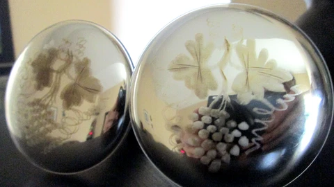Vintage Drawer Knobs 2 Silver Lg 3x3 Porcelain Etched Grape Vines Unique RARE Cover