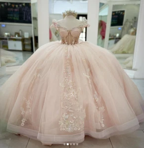 Abiti rosa chiaro Quinceanera floreale festa vestidos de 15 Años abiti da ballo - Foto 1 di 7